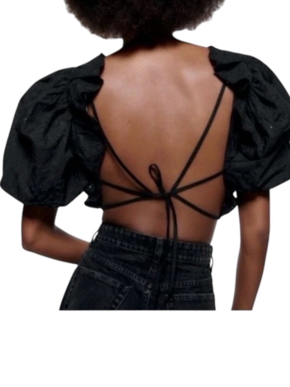 Zara black eyelet puff sleeve tie back crop top size M